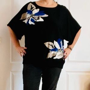 Festive plus size 3X top by INC black with blue flowers sparkle details like new